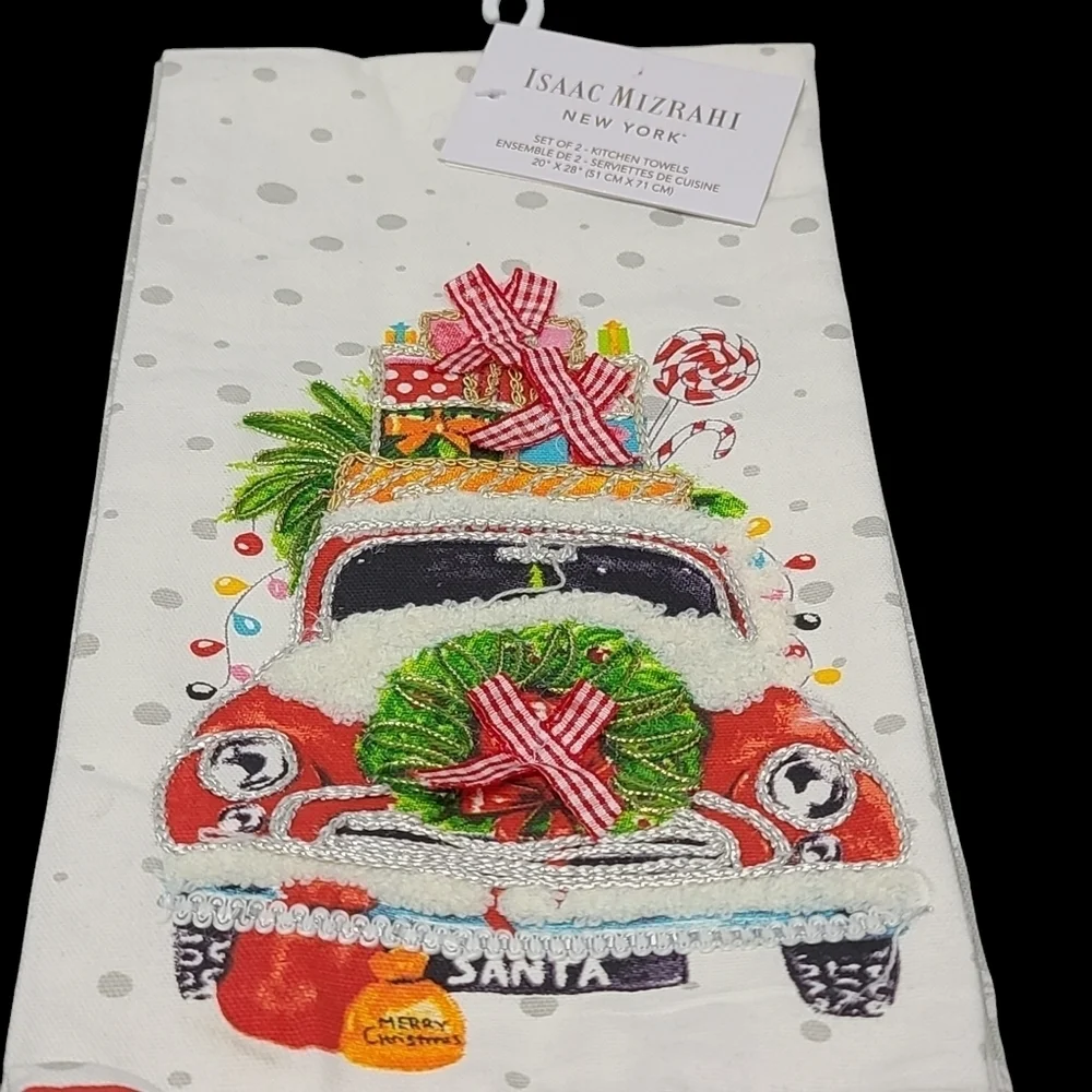 x2 Isaac Mizrahi Embellished 3D Christmas Red Truck Kitchen Towel Set New